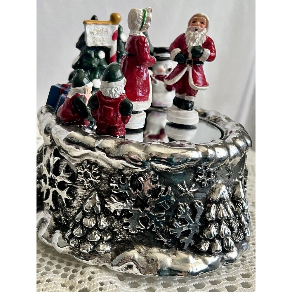 1990s International Silver Santa Mrs Claus On Ice Musical Music Box Christmas